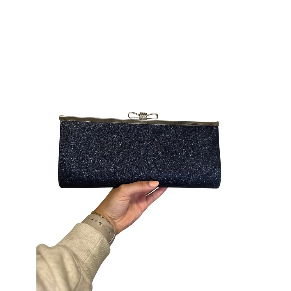 Black and Blue Sparkly Diamond Bow Clutch with Long Shoulder or‎ Crossbody Strap